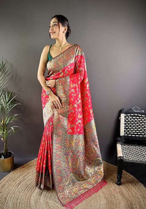 Red Zari Printed Blended Saree Set for Diwali and Festive Wear