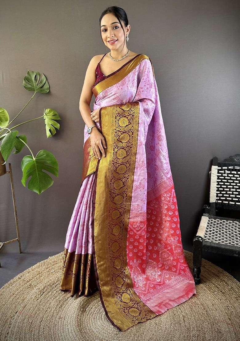 Pink Zari Blended Saree Set with Printed for Diwali | Wedding & Festive Wear - Indya