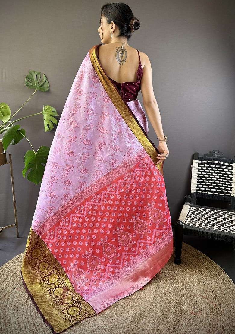 Pink Zari Blended Saree Set with Printed for Diwali | Wedding & Festive Wear - Indya
