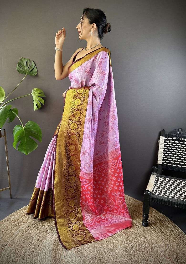 Pink Zari Blended Saree Set with Printed for Diwali | Wedding & Festive Wear - Indya