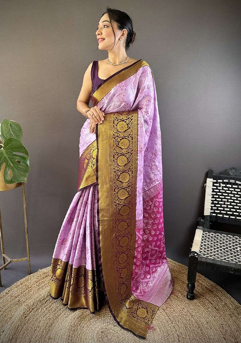 Pink Zari Printed Blended Saree Set for Diwali and Festive Wear - Indya