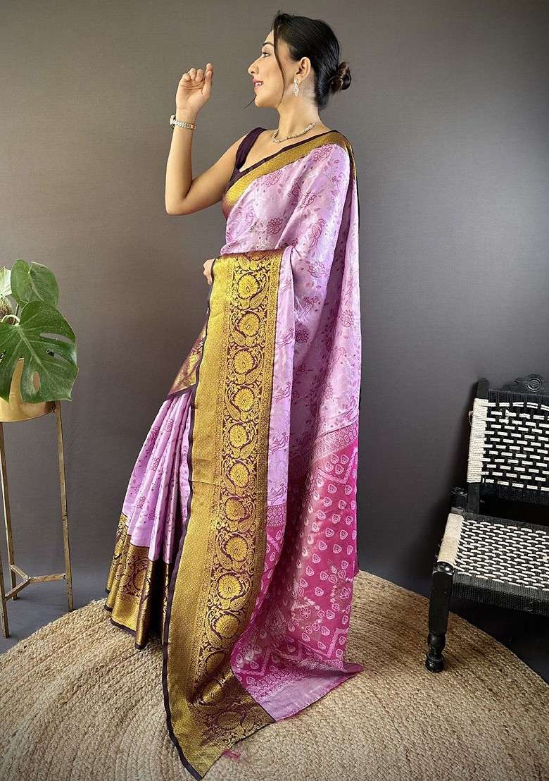 Pink Zari Printed Blended Saree Set for Diwali and Festive Wear - Indya