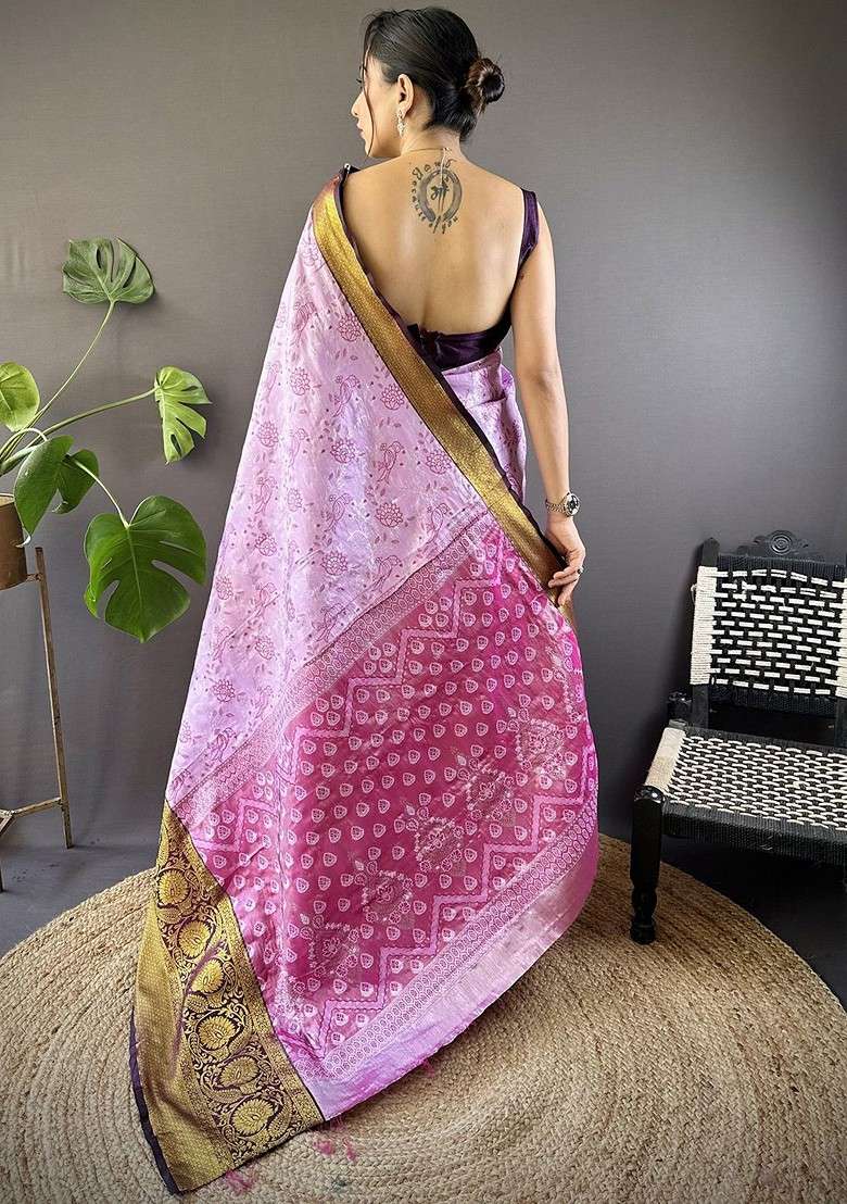 Pink Zari Printed Blended Saree Set for Diwali and Festive Wear - Indya