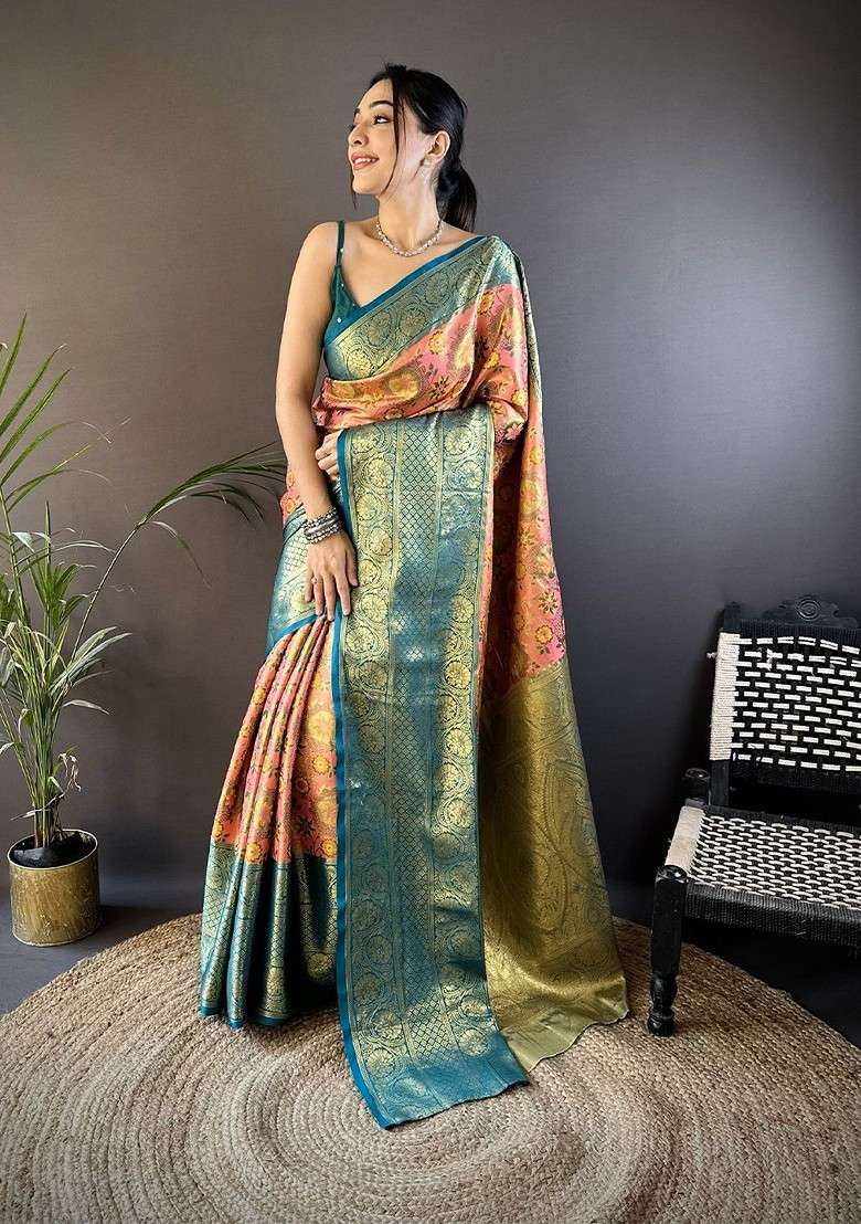 Pink Zari Printed Blended Saree Set for Diwali and Festive Wear - Indya
