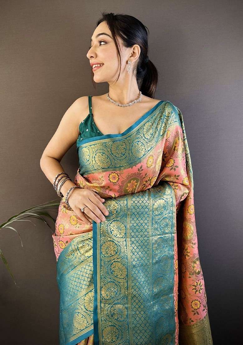 Pink Zari Printed Blended Saree Set for Diwali and Festive Wear - Indya