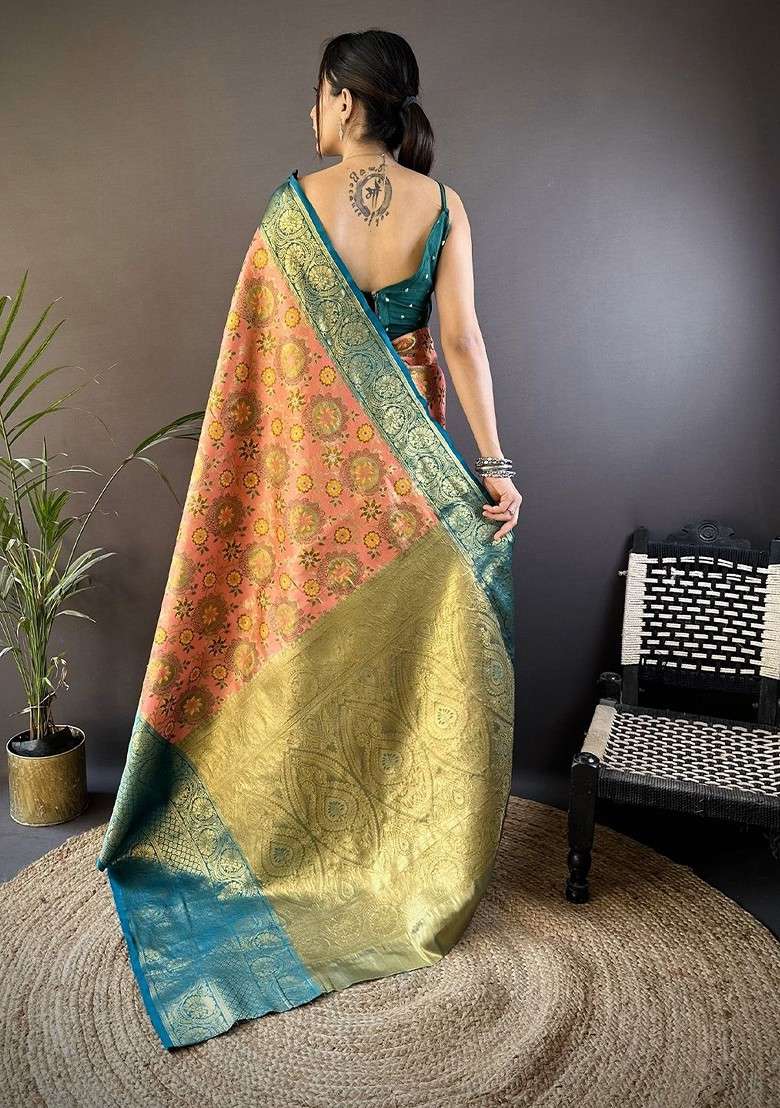 Pink Zari Printed Blended Saree Set for Diwali and Festive Wear - Indya