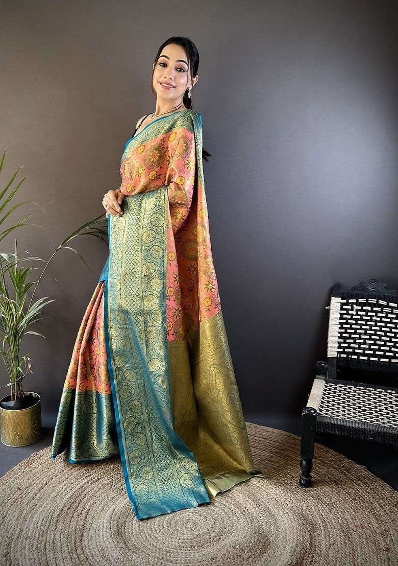 Pink Zari Printed Blended Saree Set for Diwali and Festive Wear - Indya