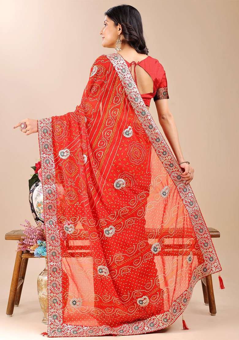 Red Blended Saree Set with Embroidered for Diwali | Wedding & Festive Wear - Indya