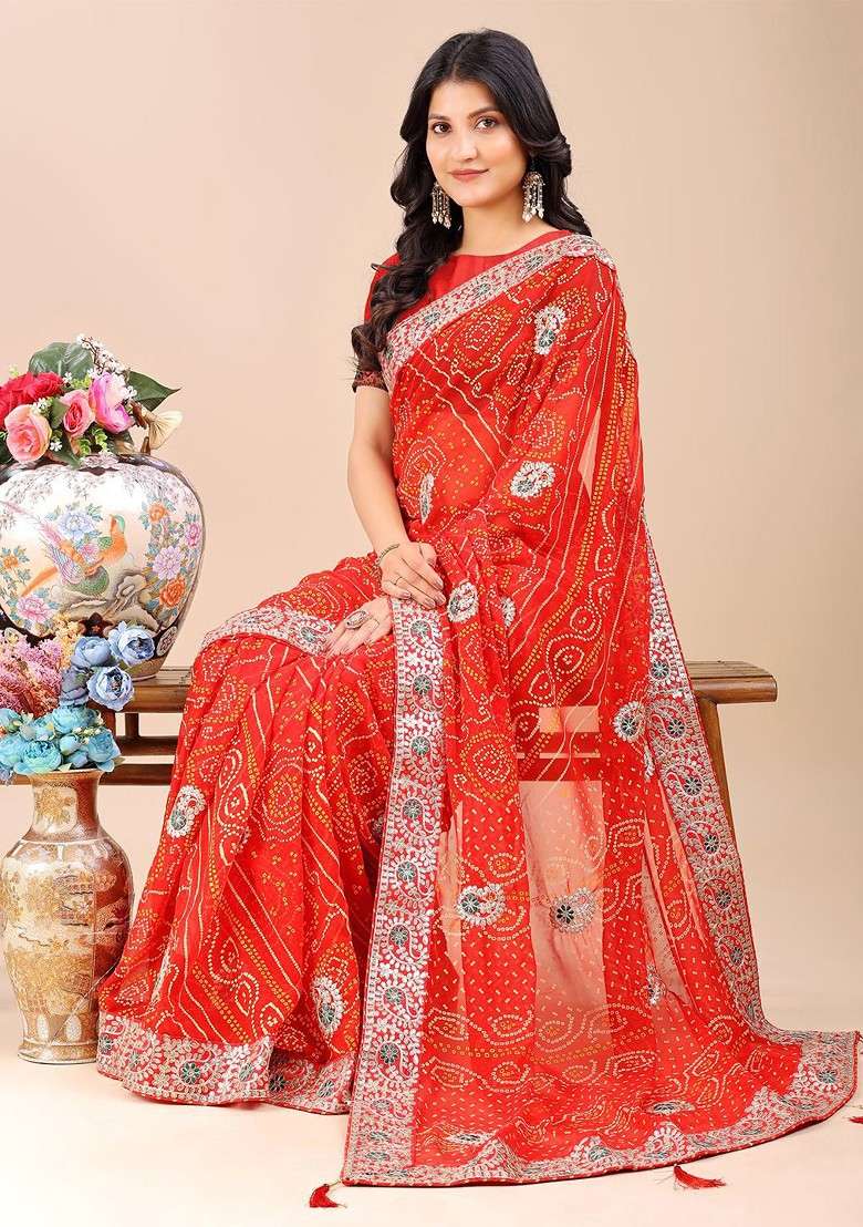 Red Blended Saree Set with Embroidered for Diwali | Wedding & Festive Wear - Indya
