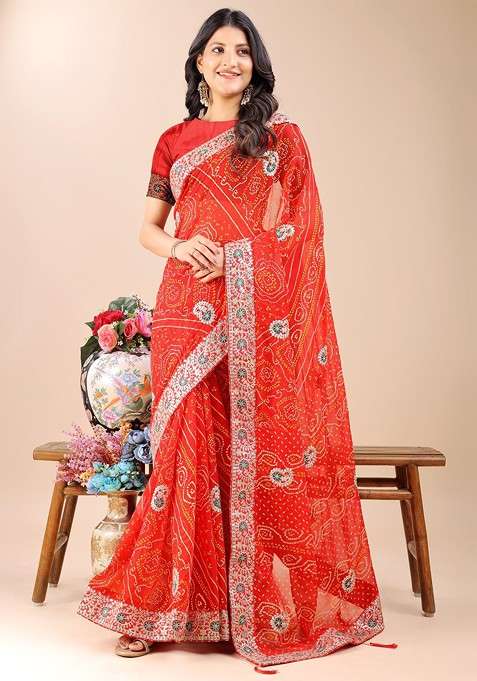 Red Blended Saree Set with Embroidered for Diwali | Wedding & Festive Wear