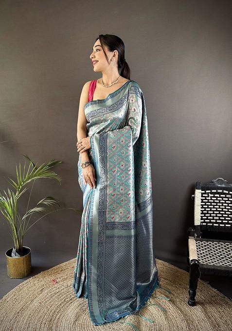 Teal Zari Printed Blended Saree Set