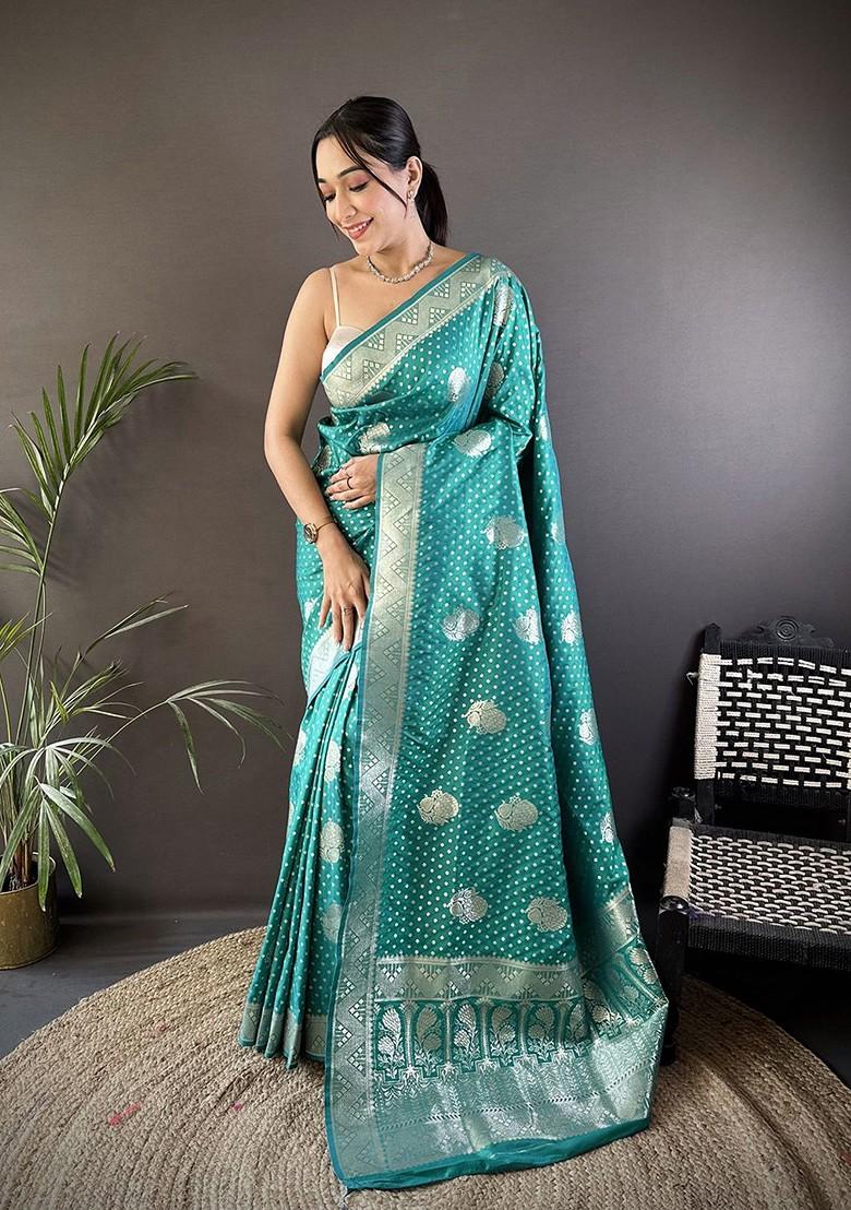 Teal Zari Printed Blended Saree Set - Indya