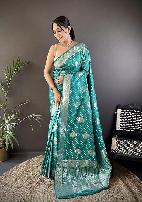 Teal Zari Printed Blended Saree Set