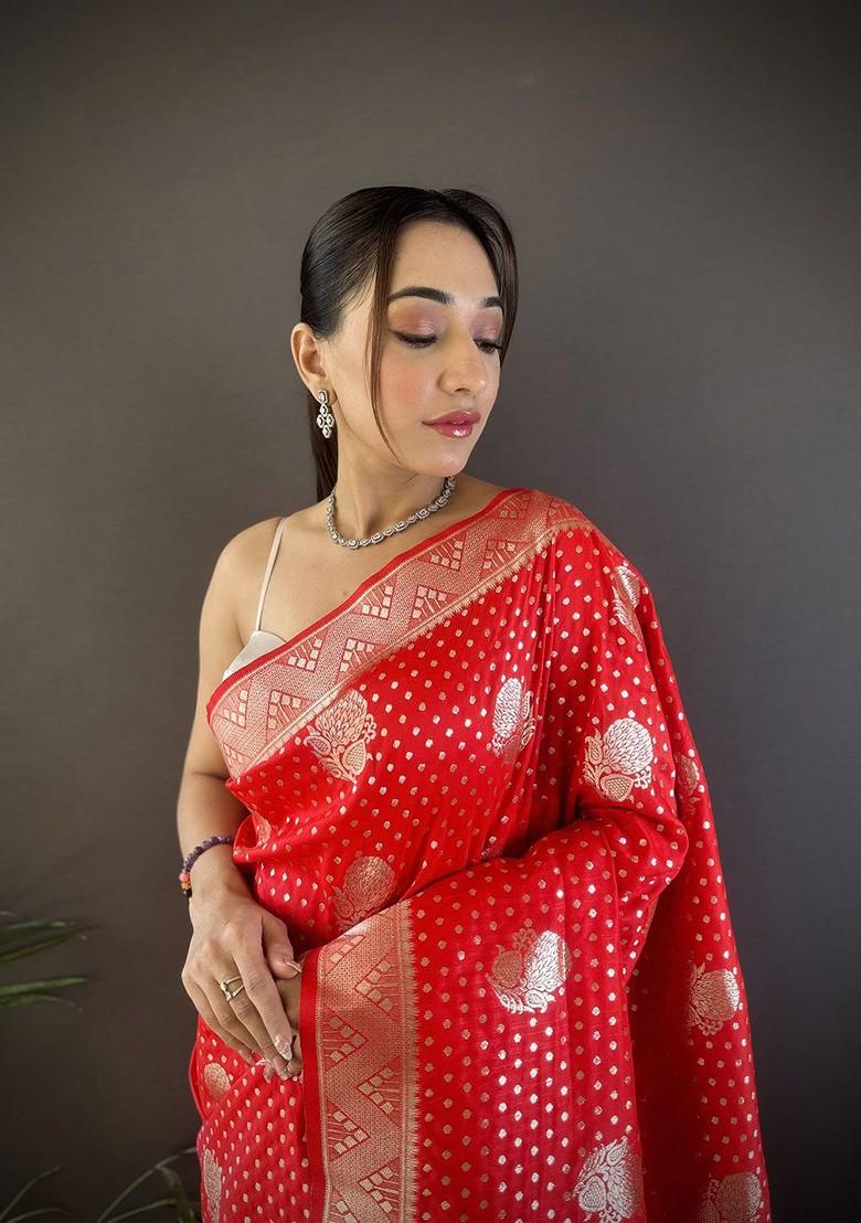 Red Zari Printed Blended Saree Set - Indya