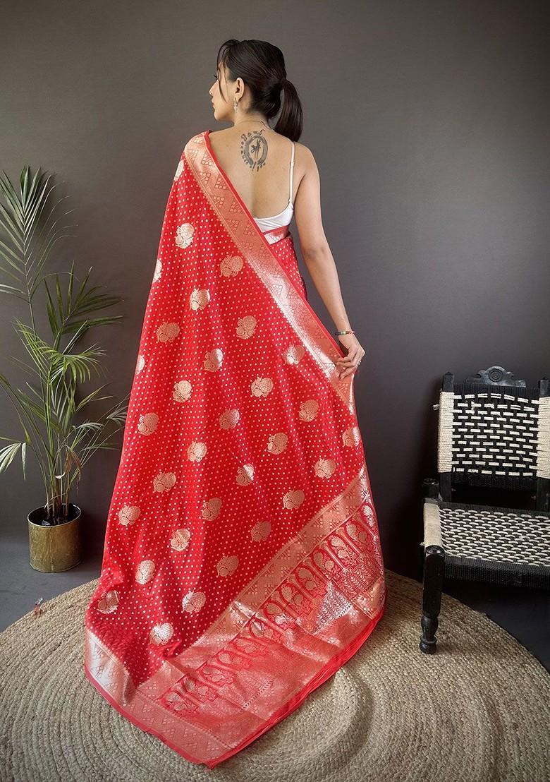 Red Zari Printed Blended Saree Set - Indya