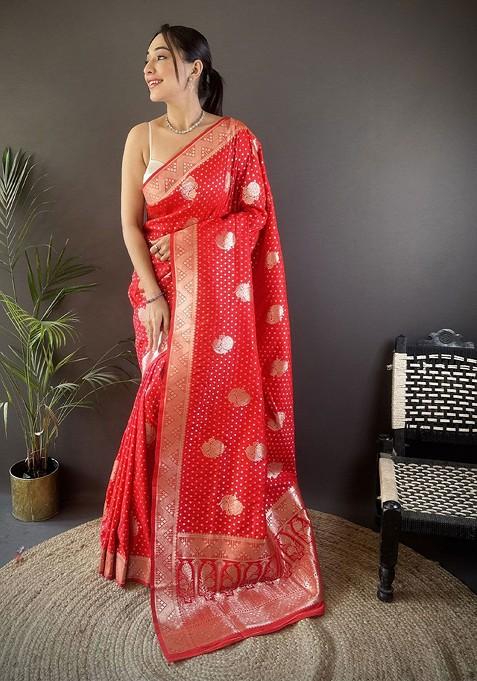 Red Zari Printed Blended Saree Set