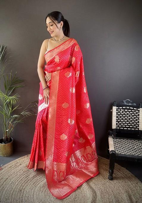Red Zari Printed Blended Saree Set