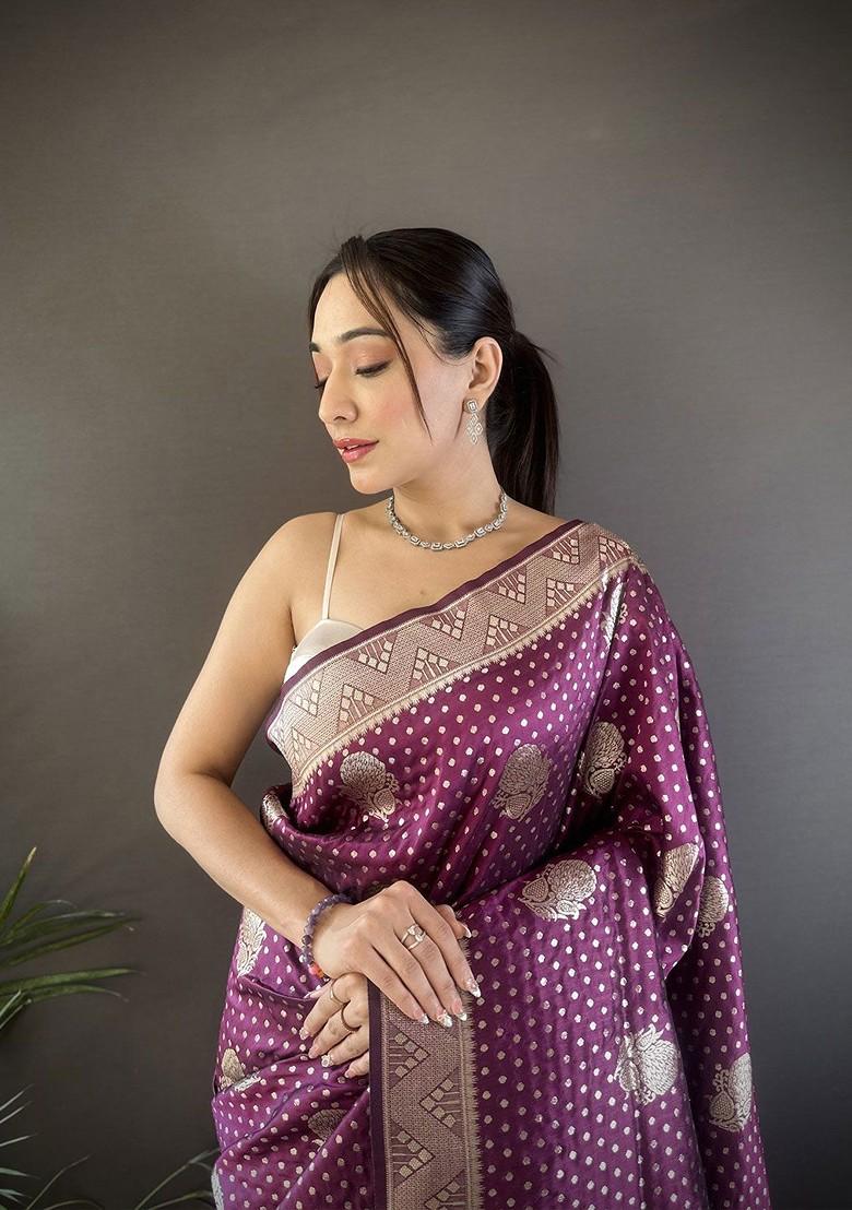 Purple Zari Printed Blended Saree Set - Indya