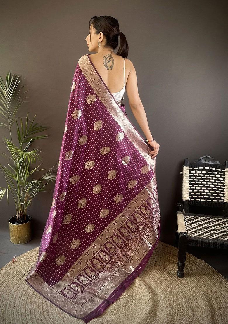 Purple Zari Printed Blended Saree Set - Indya