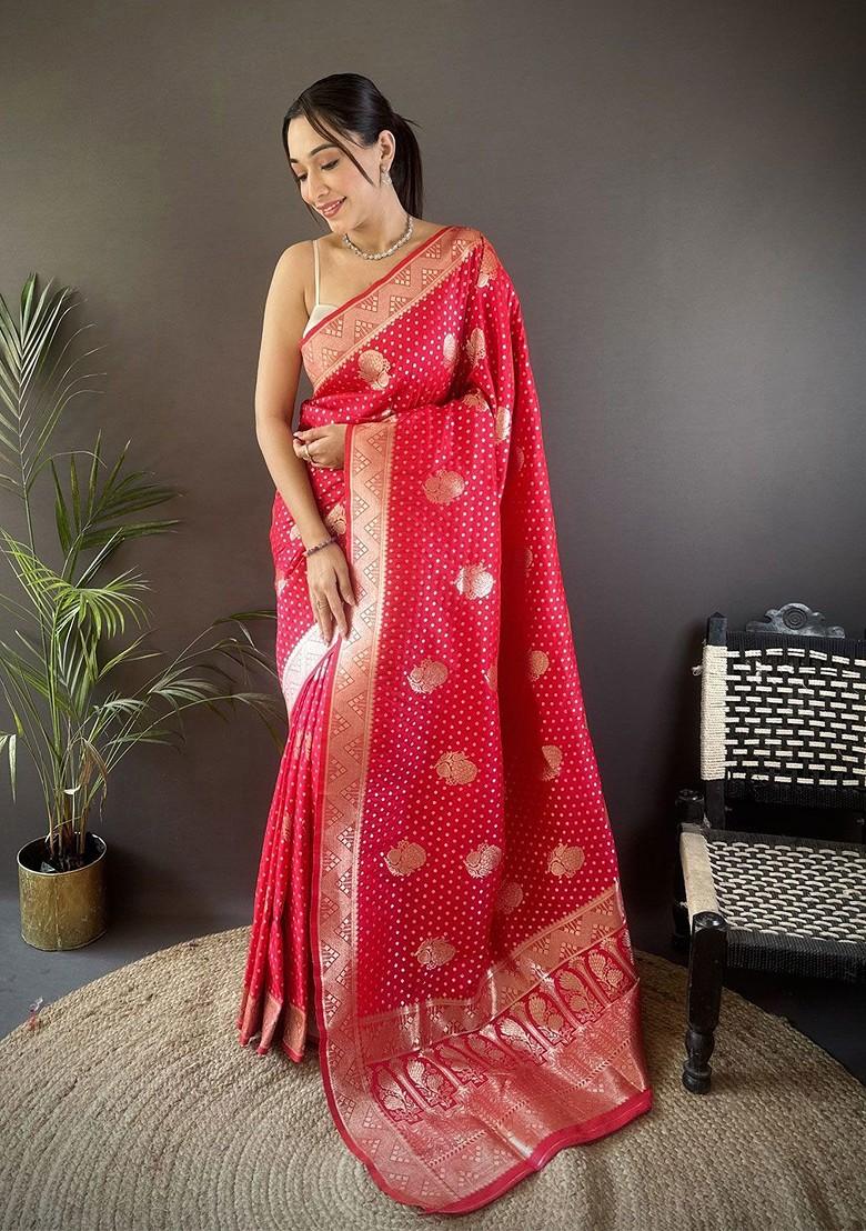 Pink Zari Printed Blended Saree Set - Indya