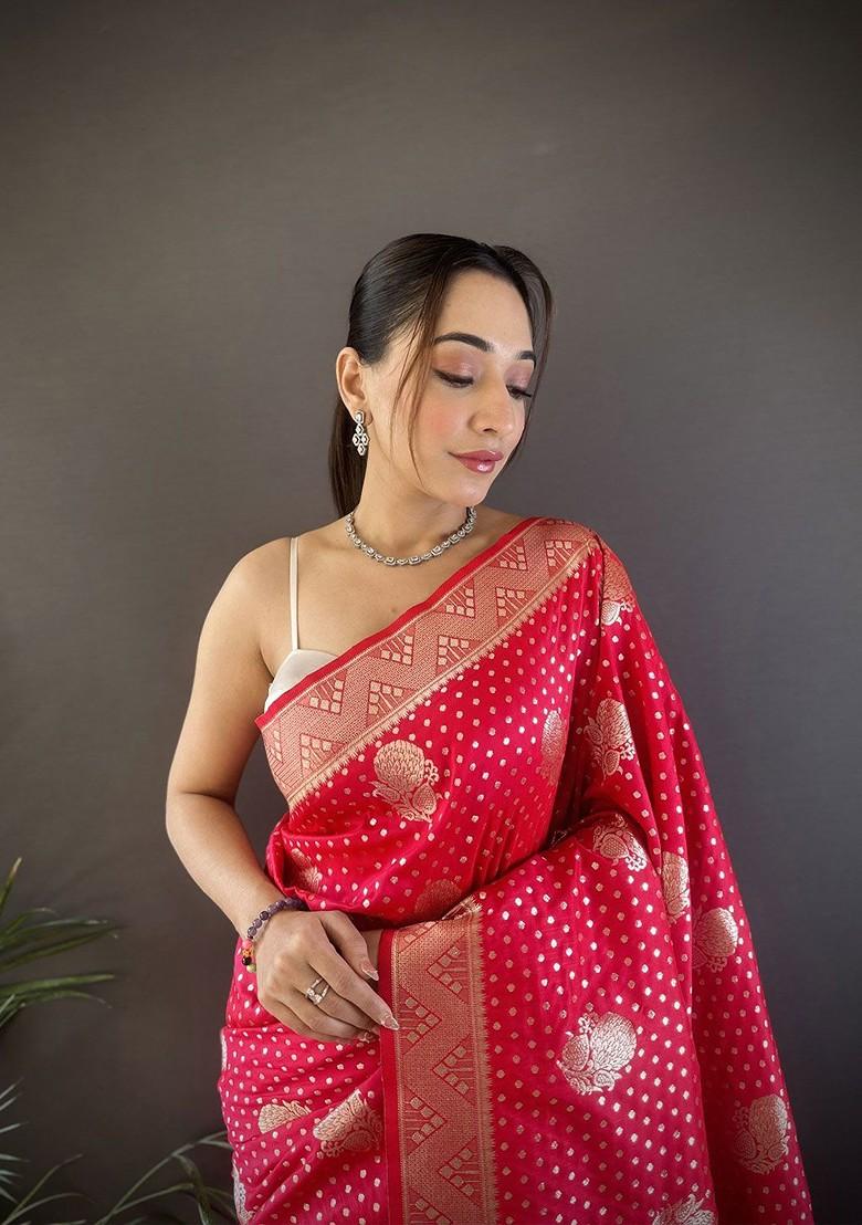 Pink Zari Printed Blended Saree Set - Indya