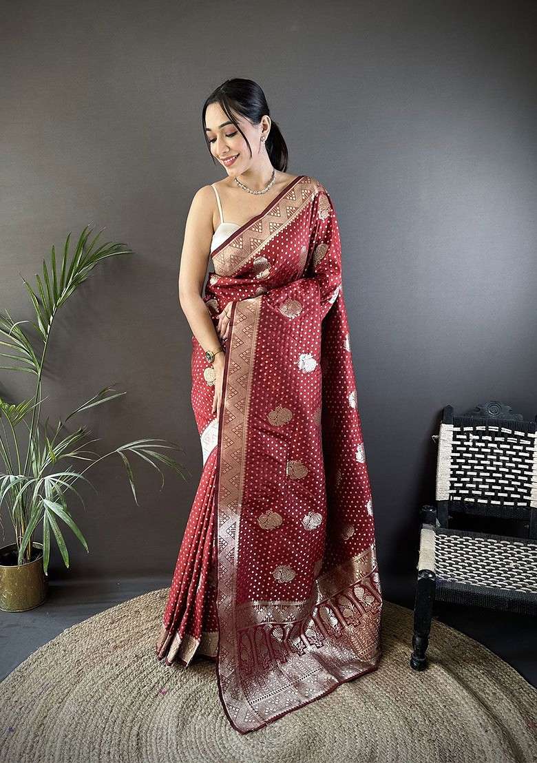 Maroon Zari Printed Blended Saree Set - Indya