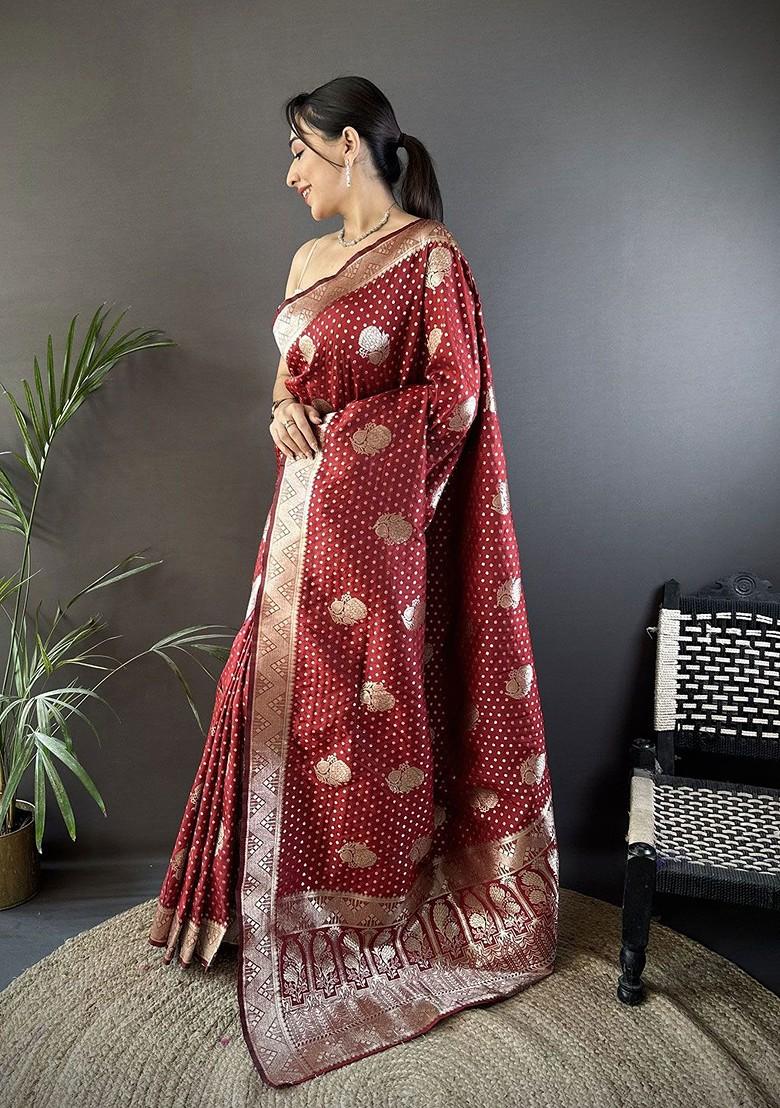 Maroon Zari Printed Blended Saree Set - Indya