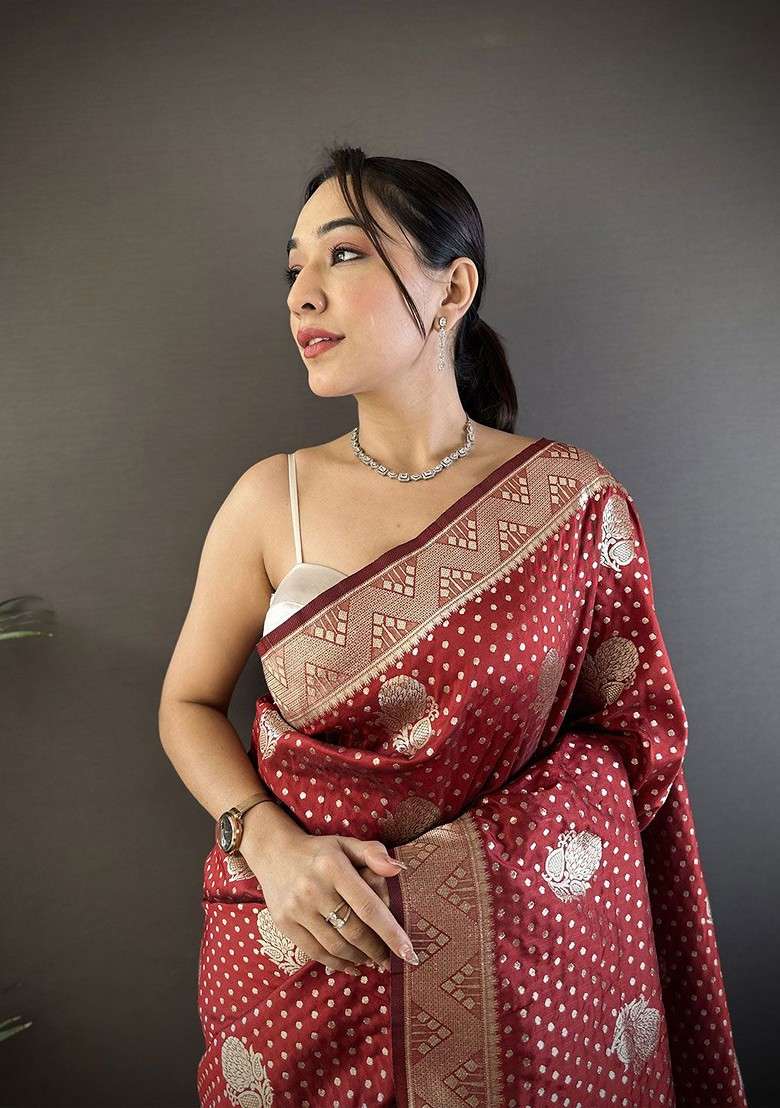 Maroon Zari Printed Blended Saree Set - Indya