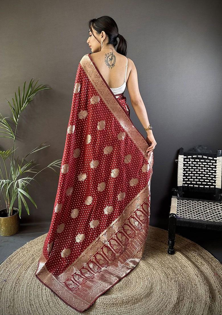 Maroon Zari Printed Blended Saree Set - Indya