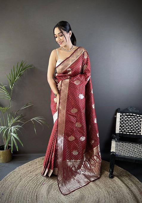 Maroon Zari Printed Blended Saree Set