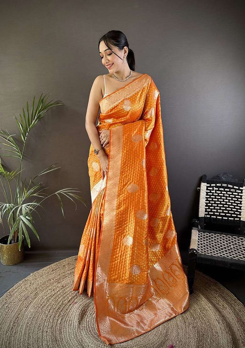 Orange Zari Printed Blended Saree Set - Indya