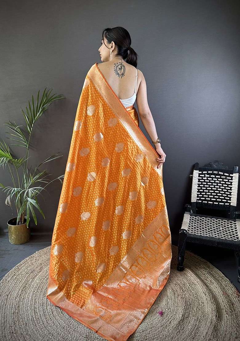 Orange Zari Printed Blended Saree Set - Indya