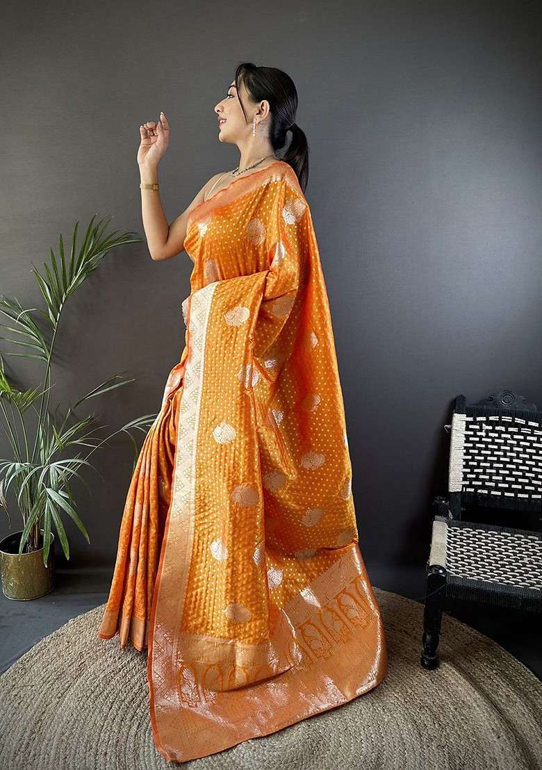 Orange Zari Printed Blended Saree Set - Indya