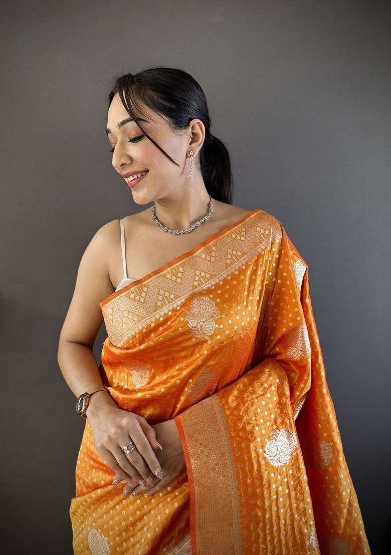 Orange Zari Printed Blended Saree Set - Indya
