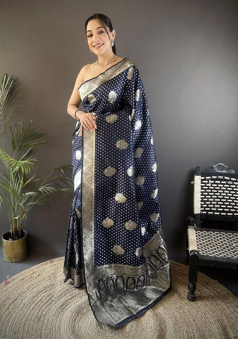 Black Zari Printed Blended Saree Set - Indya