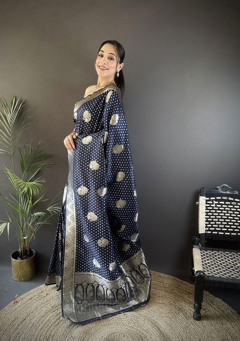 Black Zari Printed Blended Saree Set - Indya