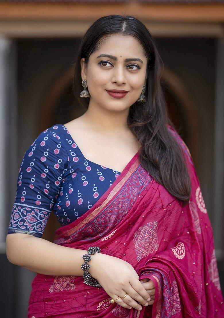 Pink Printed Blended Saree Set - Indya