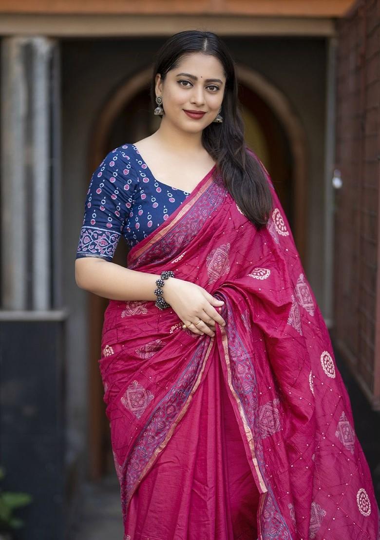 Pink Printed Blended Saree Set - Indya