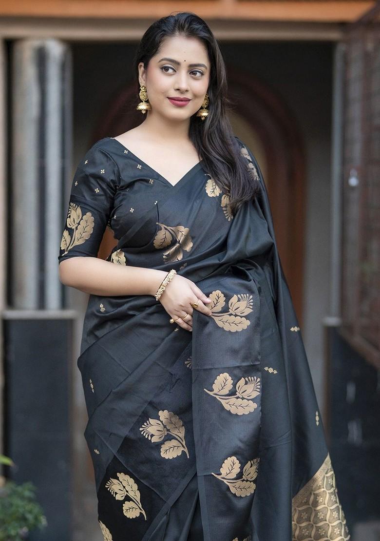 Black Zari Printed Blended Saree Set - Indya
