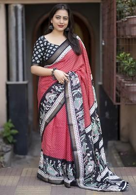 Red Zari Printed Blended Saree Set