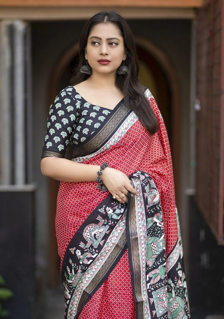 Red Zari Printed Blended Saree Set - Indya