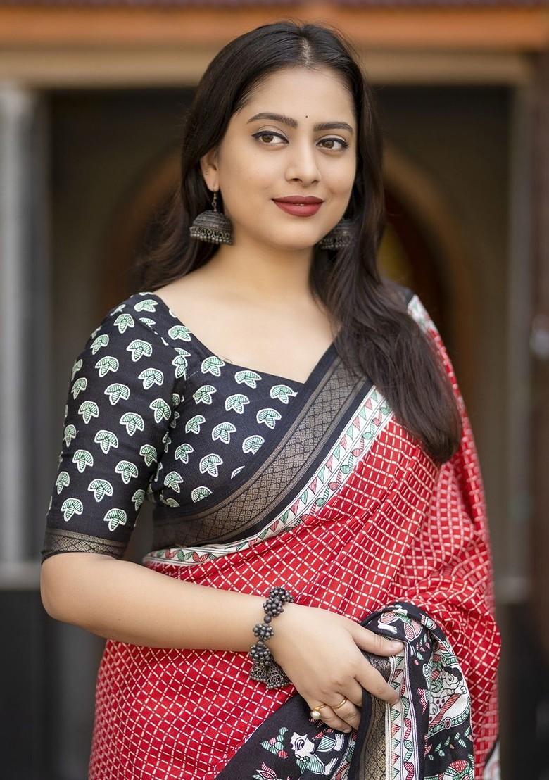 Red Zari Printed Blended Saree Set - Indya