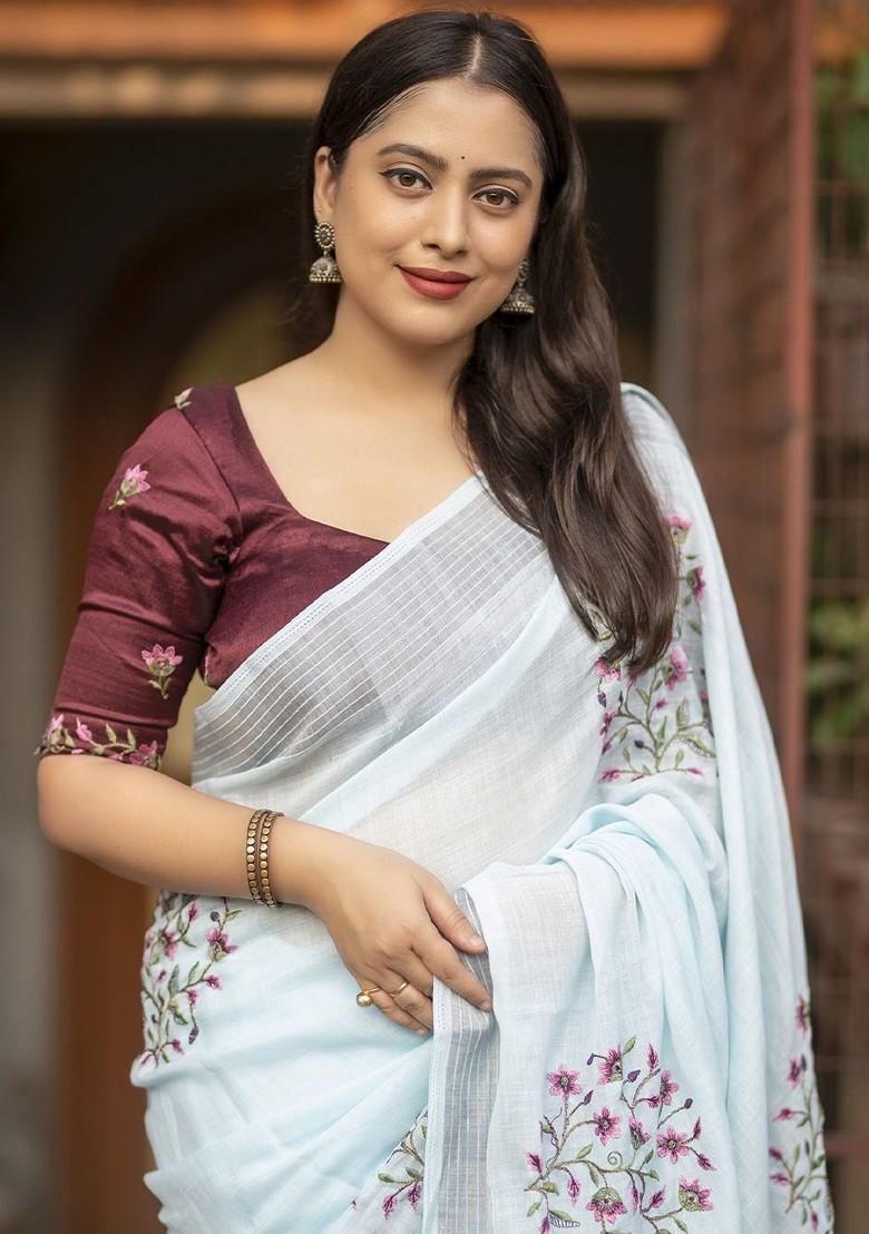 Blue Zari Printed Blended Saree Set - Indya