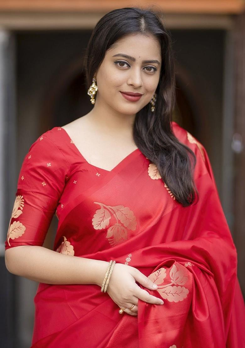 Red Zari Printed Blended Saree Set - Indya