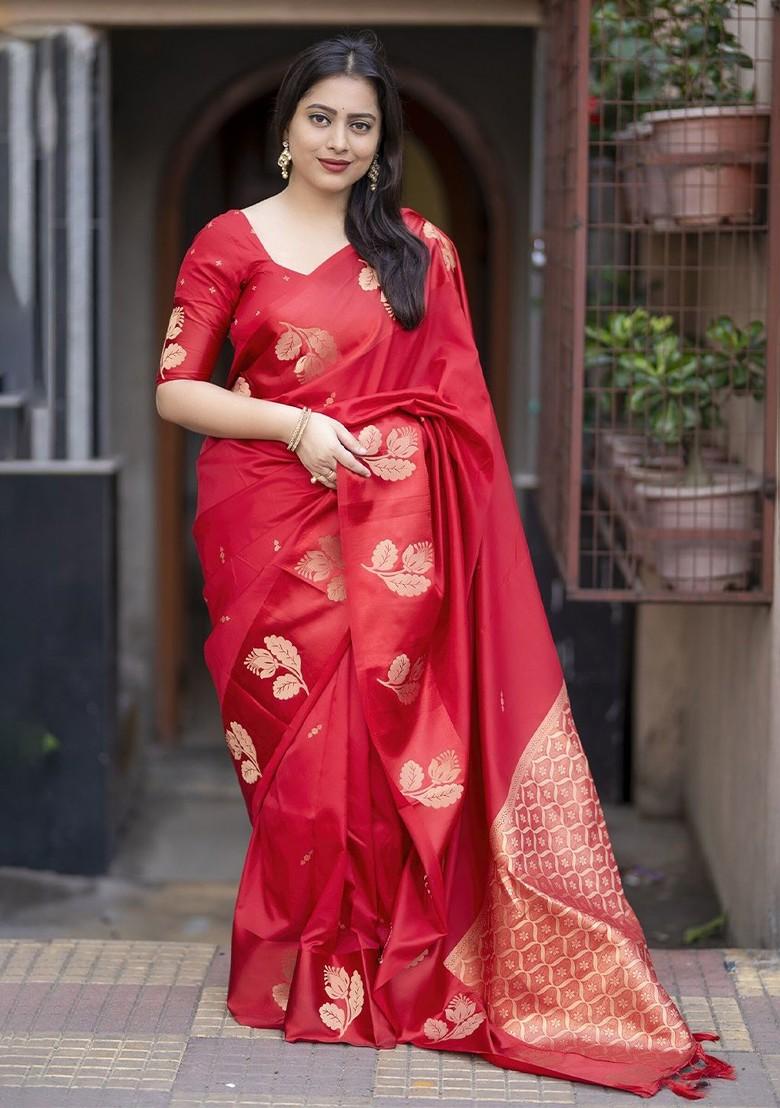 Red Zari Printed Blended Saree Set - Indya