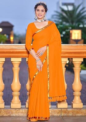 Orange Zari Printed Blended Saree Set