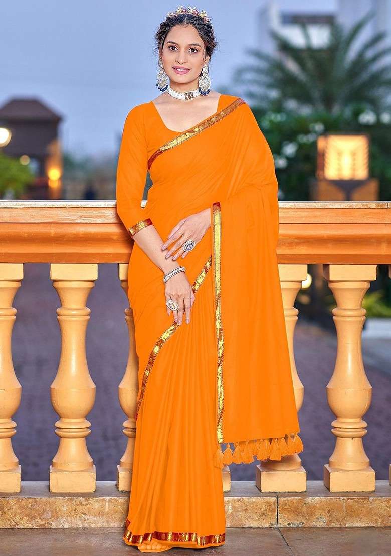 Orange Zari Printed Blended Saree Set - Indya