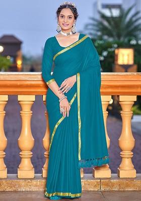 Blue Embroidered Blended Saree Set