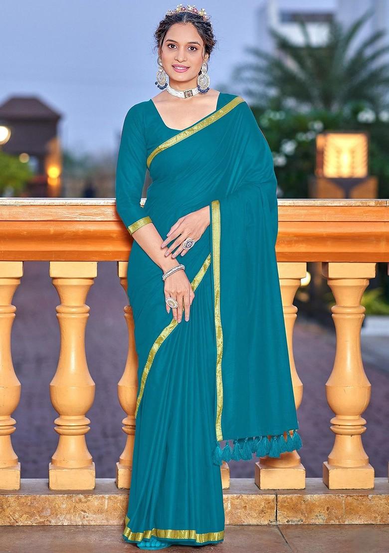 Blue Embroidered Blended Saree Set - Indya