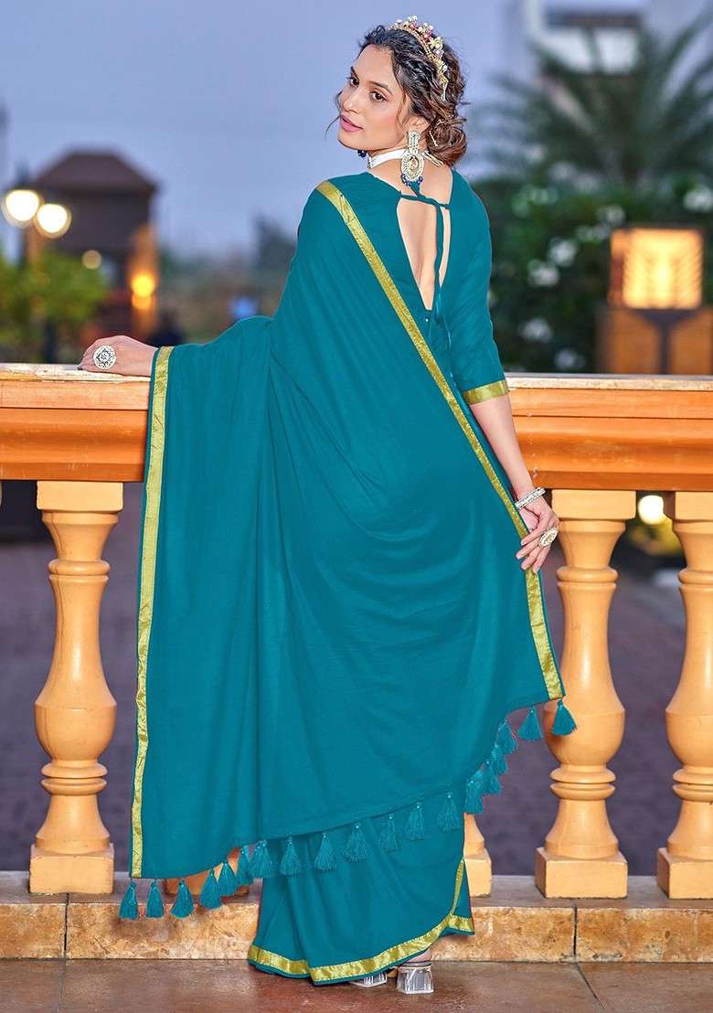 Blue Embroidered Blended Saree Set - Indya
